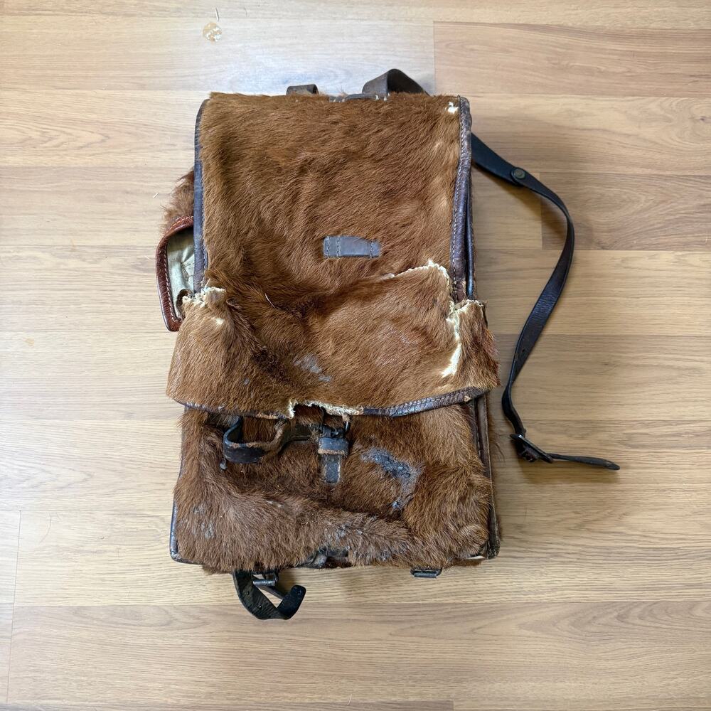 Vintage 1930s Swiss Army Pony Fur Brown Tornister Backpack Hair on Hide Rucksack